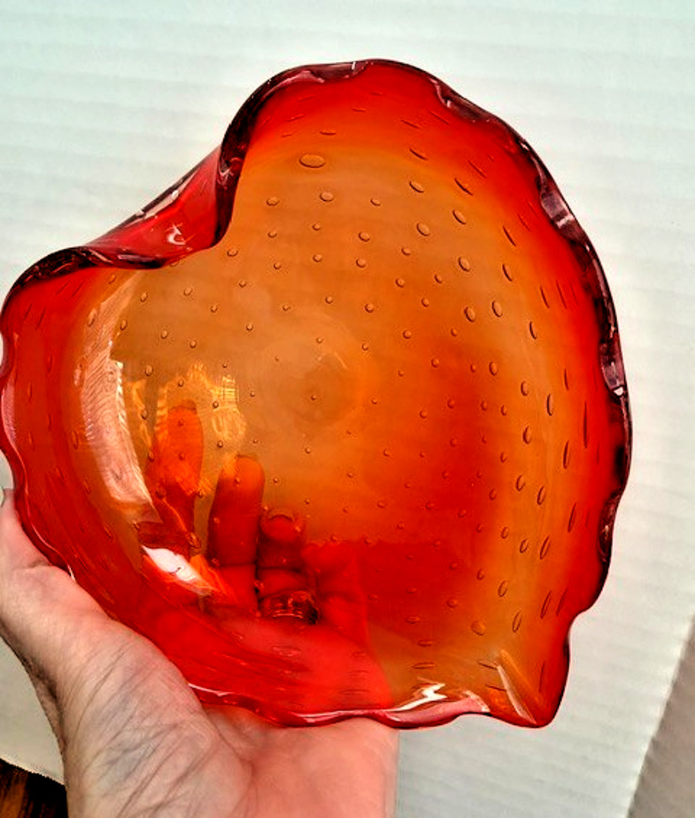 Bubble Bullicante Art Glass Strawberry Orange Red Heart MCM Trinket Dish Bowl